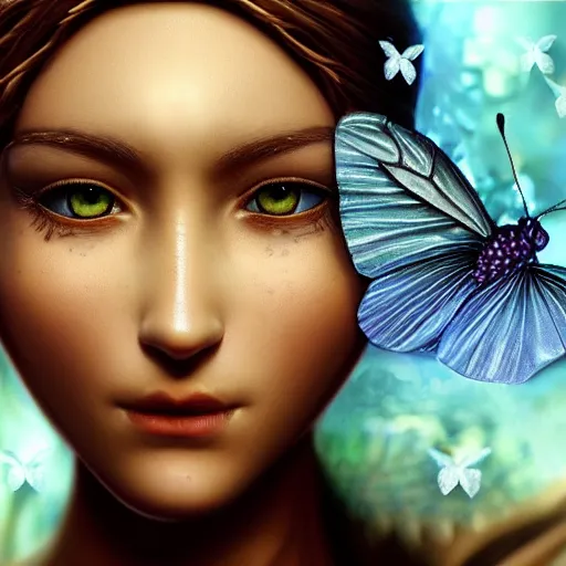 Prompt: epic ancient close-up macro portrait of the face of a beautiful princess, epic angle and pose, fantasy, symmetrical artwork, 3d with depth of field, blurred background, flower, butterfly, crystal, ice, female face, pale skin, beautiful flowing hair, nautilus. A highly detailed epic cinematic concept art CG render. Made in Maya, Blender and Photoshop, octane render, excellent composition, cinematic dystopian brutalist atmosphere, dynamic dramatic cinematic lighting, aesthetic, stylized, very inspirational, Koda Kazuma, Hidetaka Miyazaki, Tetsuya Nomura