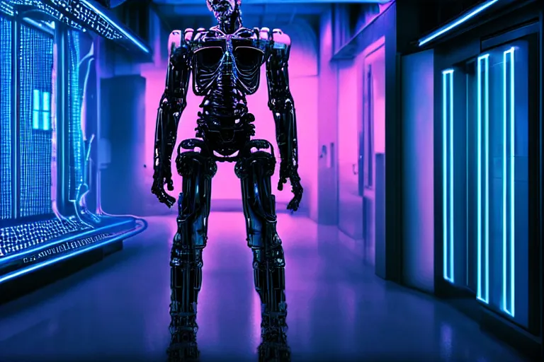 Prompt: high detailed terminator without flesh, staying in front of data center room, computer on background, 1 6 mm, retro sci - fi picture, high detail, cold neon light, cinematic colors, sharp