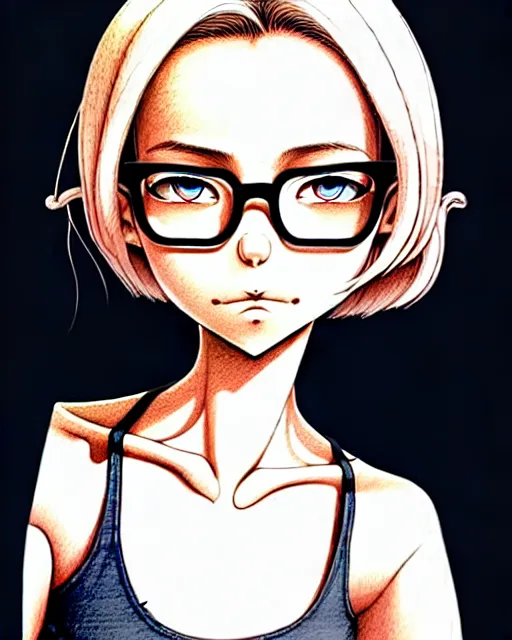 Prompt: overjoyed in anticipation to be sacrificed soon , a young woman with medium length bright blonde hair and tanned skin and slender figure in a black silk tank top and navy blue gym shorts and black-framed glasses, complex artistic color ink pen sketch illustration, subtle detailing, heavenly concept art by Artgerm and Range Murata in collaboration.