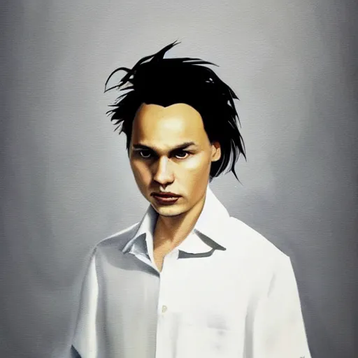 Prompt: a painting of a photorealistic frank dillane wearing a white collar shirt and black pants, standing in a hospital room, seen from overhead. character design. anime. genshin impact concept art. perfect aesthetic. clean and symmetrical and glossy. miyazaki. rembrandt. rene magritte. trending on artstation