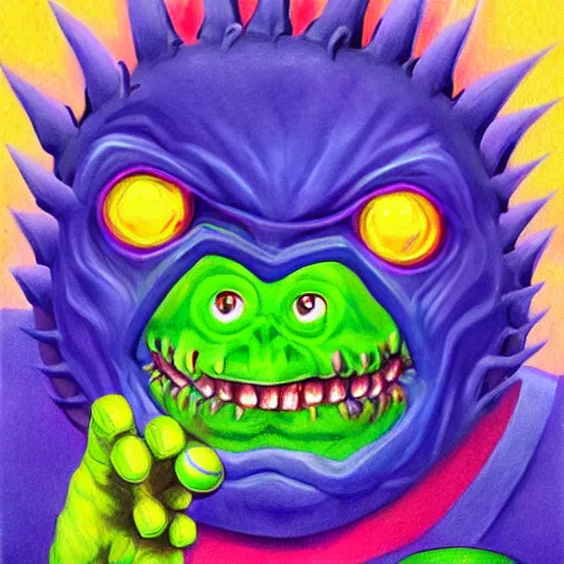 Image similar to a tennis ball monsters, devil colorful, digital art, fantasy, magic, chalk, trending on artstation, ultra detailed, professional illustration by basil gogos