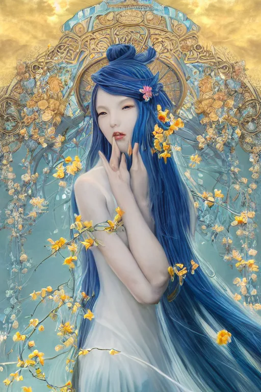 Prompt: breathtaking detailed painting by pilyeon and yuumei art of a full shot queen with long flowing bright blue hair, long dress and pastel flowers petals and golden tumultuous clouds, symmetrical facial features, at dawn in front of a pristine golden art nouveau cathedral, elegant, volumetric lighting, highly detailed, artstation, concept art, matte, sharp focus,