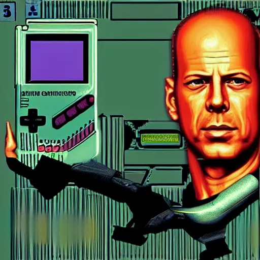 Prompt: coverart for a Gameboy videogame that just loads a picture of Bruce Willis, no other gameplay features