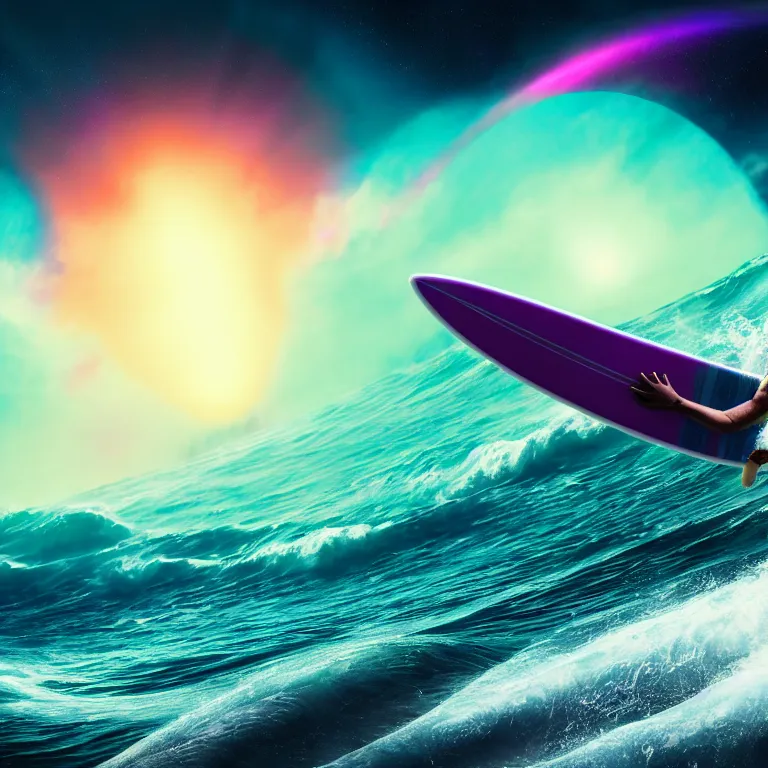 Image similar to beagle dog surfing a surfboard on a crashing l wave of alien ocean in space, background is an alien galaxy, aliens in the background, alien colors, octane render, unreal engine, wide view, 8 k, high detaild