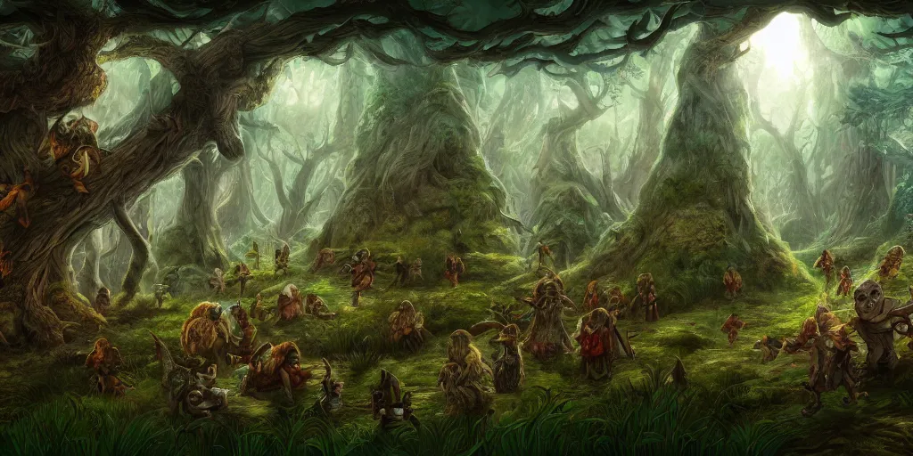 Image similar to forest biome full of dwarves and fairies, fantasy apocalypse, digital art, 4 k