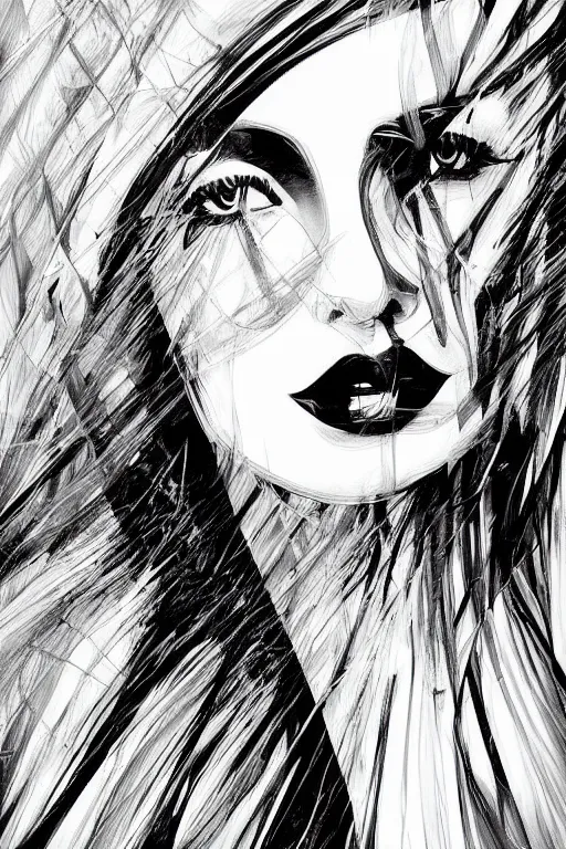 Image similar to the abstract painting of an image of a lady artistic flat illustration by by Patrick Guyton,creative art,soft colors mono chromatic, black color on white background