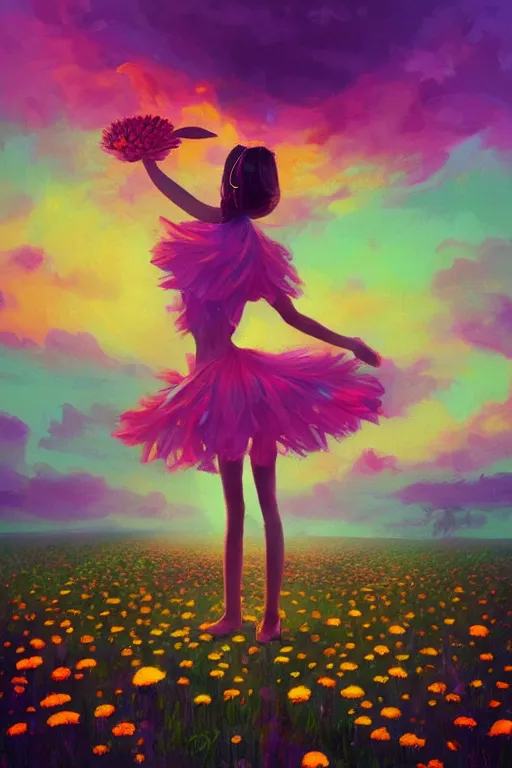 Image similar to giant daisy flower as head, girl dancing in a flower field, surreal photography, sunrise, dramatic light, impressionist painting, colorful clouds, digital painting, artstation, simon stalenhag