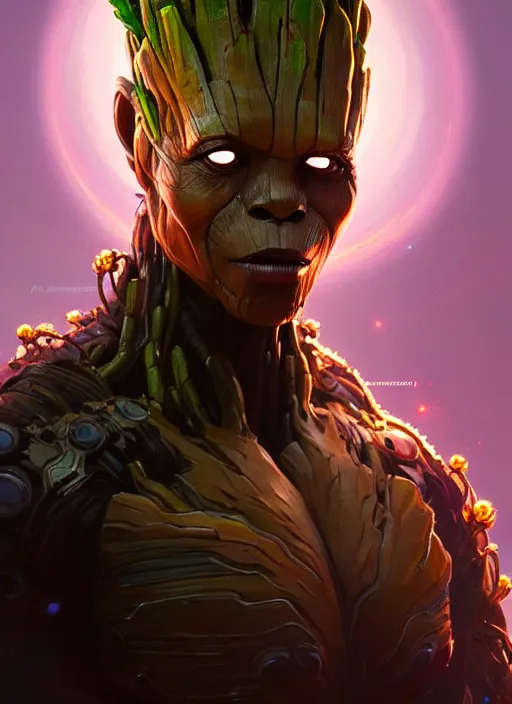 Image similar to portrait of apex legends groot, intricate, elegant, glowing lights, highly detailed, digital painting, artstation, glamor pose, concept art, smooth, sharp focus, illustration, art by artgerm and greg rutkowski, artey freytag