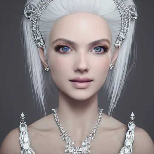 Image similar to portrait of radiant princess with white hair, beauty, ornate and intricate diamond jewelry, jaw dropping, white accent lighting, hyper detailed, 4 k octane render