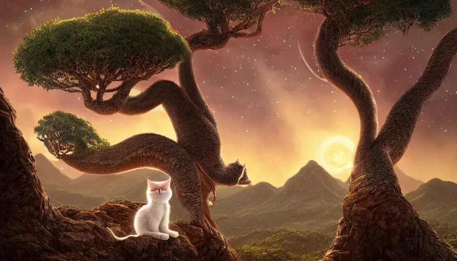 Prompt: very very small cat, sitting on a gigantic dragon tree in moonlit socotra island by ilya kuvshinov, starry night, rtx rendering, octane render 1 2 8 k, maya, extreme high intricate details by tom bagshaw, medium shot, close up shot, composition by sana takeda, lighting by greg rutkowski