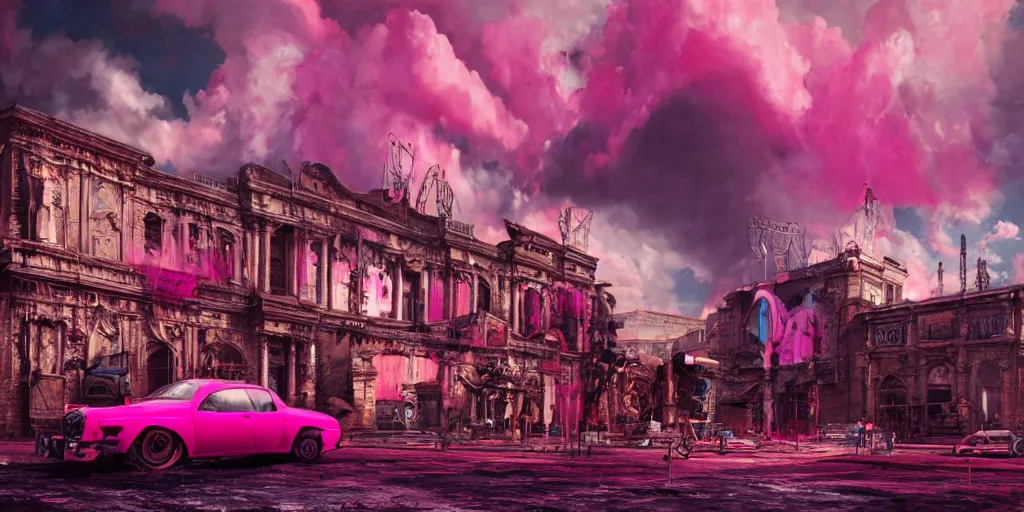 Image similar to oil painting, pink, rich deep colors masterpiece, punks, neon, ultra detailed, contrast, heaven pink, lots of roman arches, punk rock with mohawks, clouds, sky, volumetric light, atmospheric lighting, dramatic, cinematic, steampunk, moody, octane render 4 k, 8 k