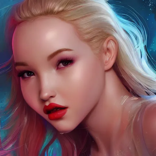 Prompt: party photo of dove cameron, rolling on ecstasy and glistening with sweat, peaking on drugs with dilated pupils and sensually kissing and embracing, highly detailed, digital painting, artstation, concept art, matte, sharp focus, illustration, art by artgerm and ross tran and thomas kincade