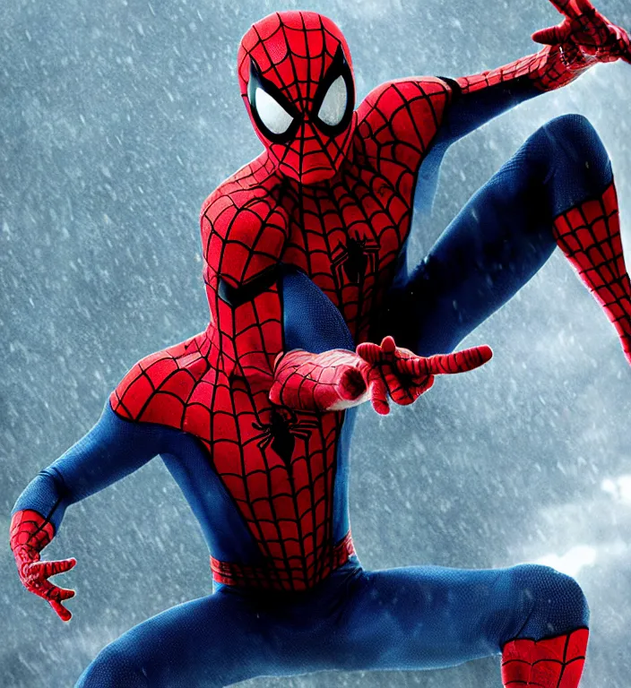 Image similar to cinematic of tobey maguire as spiderman, dramatic rain, 8 k