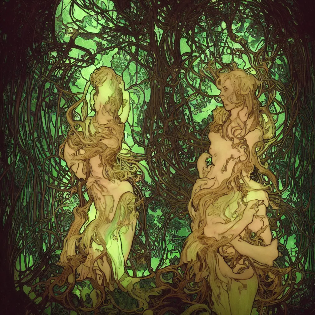 Image similar to bioluminescent pagan god in dark forest by james jean and alphonse mucha, portrait, fantasy, clear, light beams, lens flare, intense, uhd, amazing depth, cinematic lighting