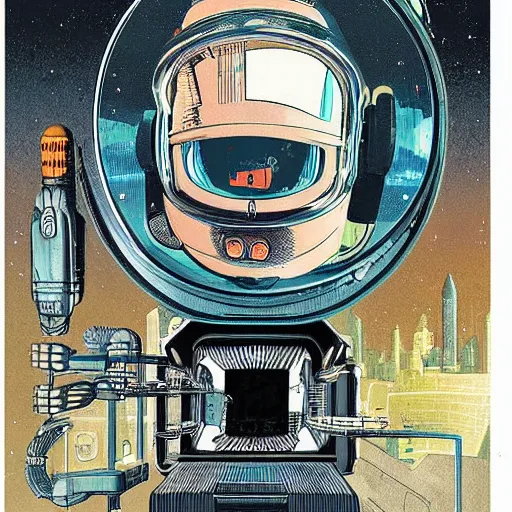 Image similar to “cutaway illustration of an android head, revealing inside is an small anthropomorphic rat sat in a pilots seat, operating levers and joysticks. Pulp sci-fi magazine cover illustration”