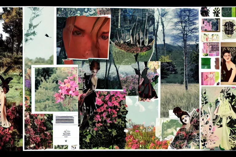 Image similar to a beautiful aesthetic!!! collage, rolling coherent! arcadia landscape, made in a magazine clipping collage style, cutout, clippings of a fashion magazine, made by a depressed art student