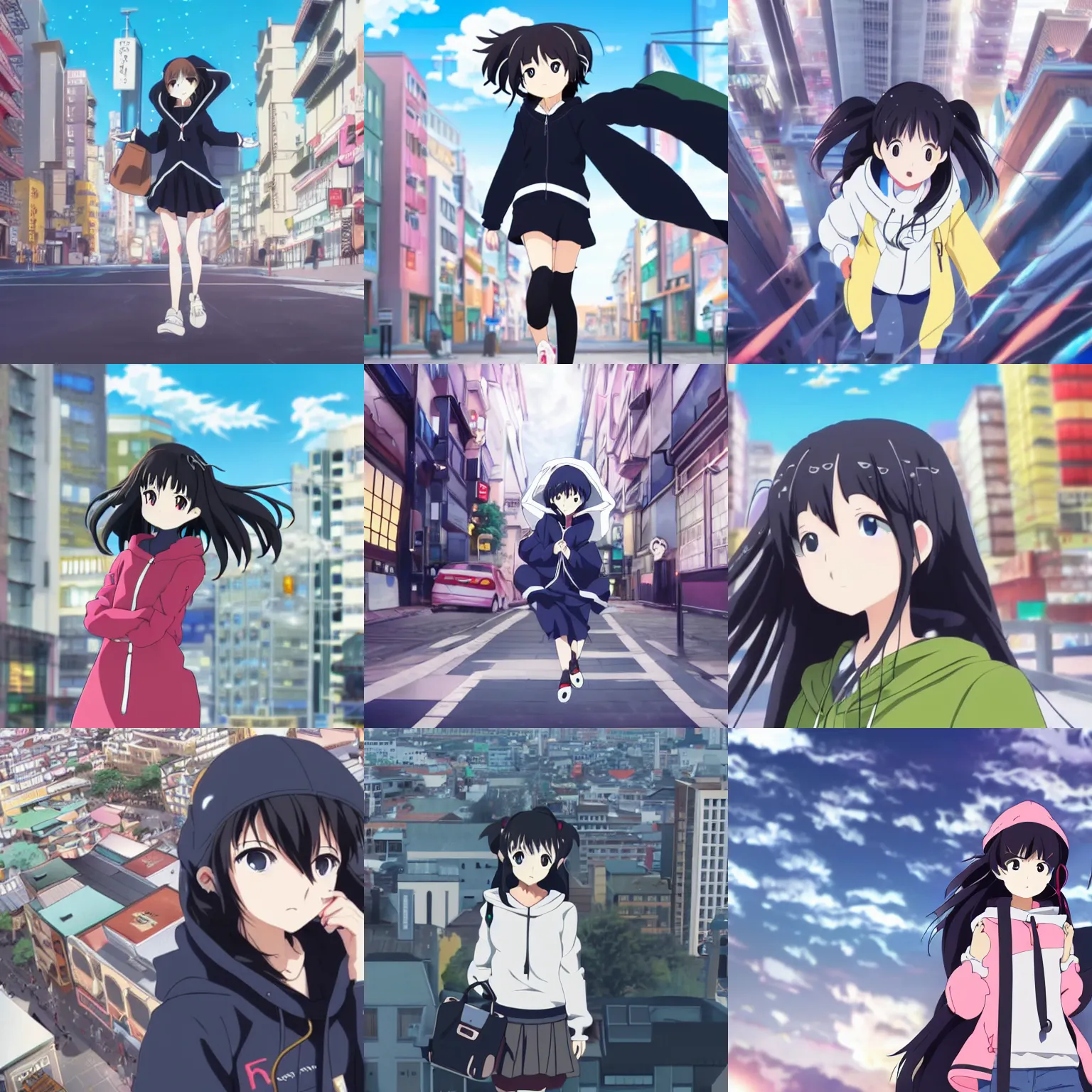 Prompt: black haired girl wearing hoodie flying in city, key visual kyoto animation style