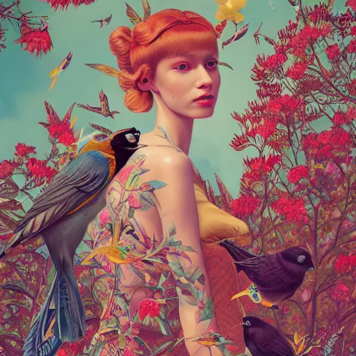 Image similar to pretty model with botanical and birds : : by martine johanna and simon stalenhag and chie yoshii and casey weldon and wlop : : ornate, dynamic, particulate, rich colors, intricate, elegant, highly detailed, vogue, harper's bazaar art, fashion magazine, smooth, sharp focus, 8 k, octane render