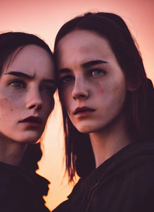 Image similar to cinestill 5 0 d photographic portrait of two sultry loving female androids wearing rugged black techwear on a desolate plain with a red sky, extreme closeup, cyberpunk style, garters, dust storm, 8 k, hd, high resolution, 3 5 mm, f / 3 2, ultra realistic faces, ex machina