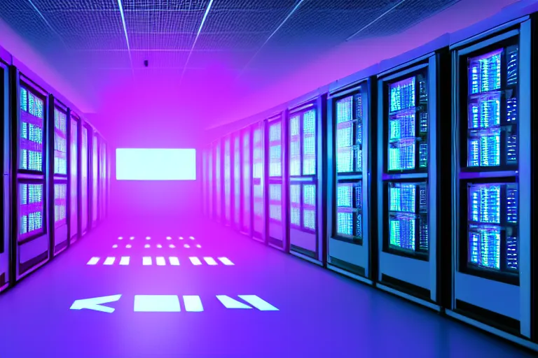 Image similar to realistic robot in a data server room, neon and dark, purple and blue color scheme, by dan mumford, global illumination ray tracing hdr render in unreal engine 5