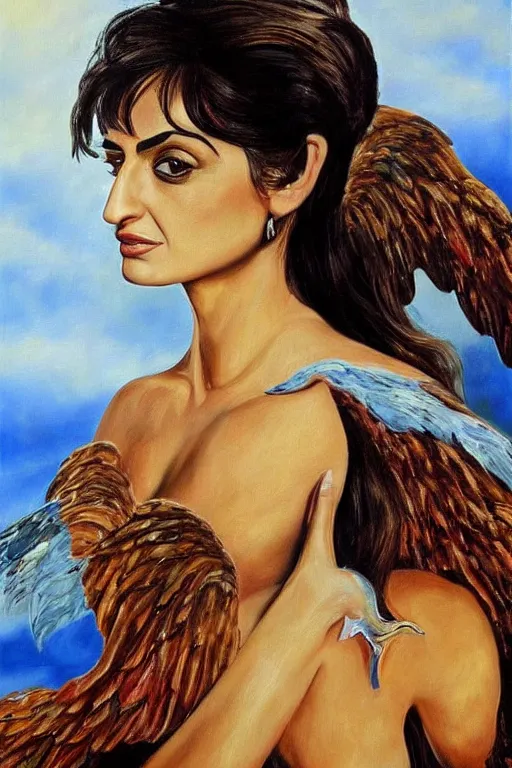 Image similar to oil painting, portrait of penelope cruz with wings, artwork by salvador dali