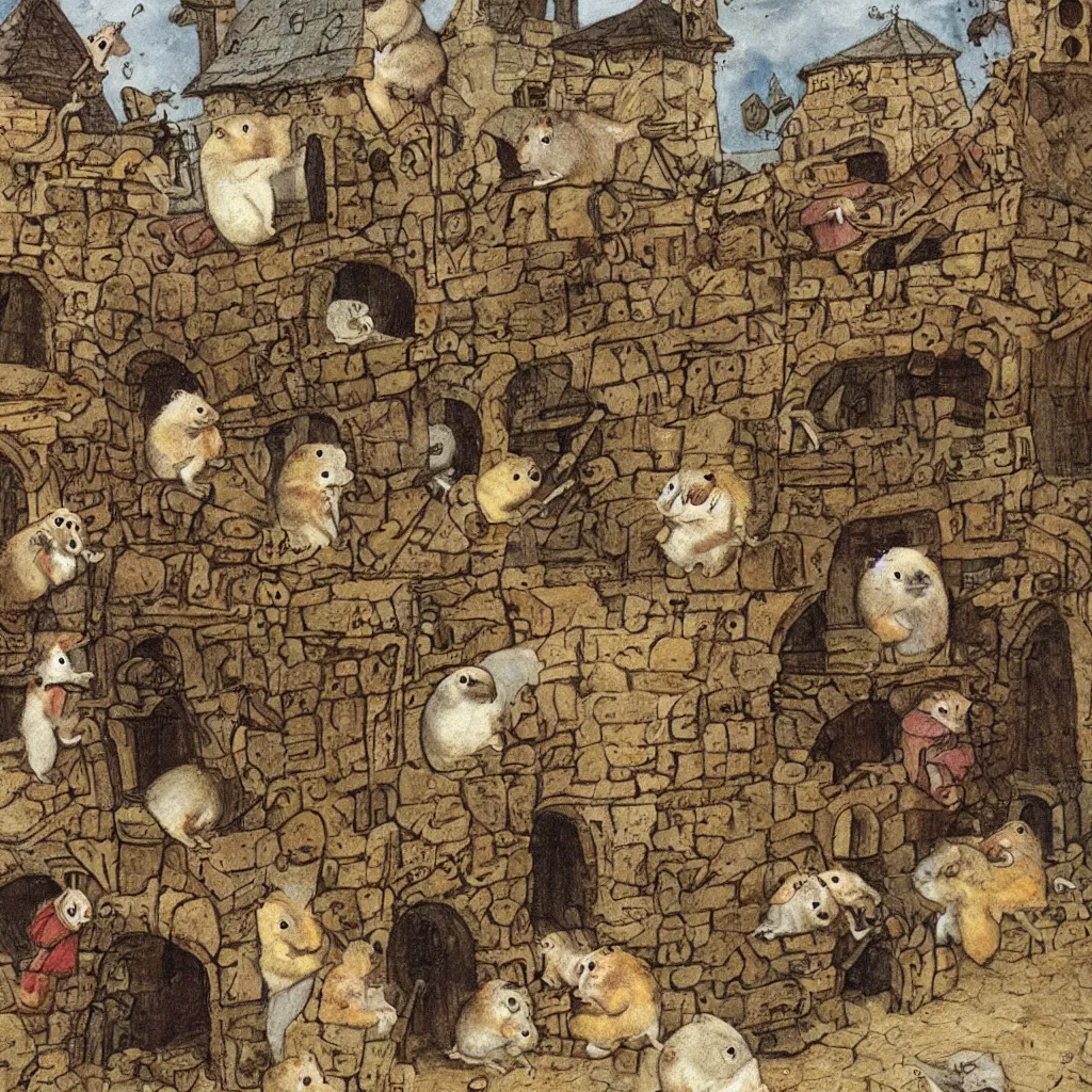 Image similar to a hamster in a medieval stockade, in the town square, crowd of angry hamsters surrounding, 1 2 th century europe theme