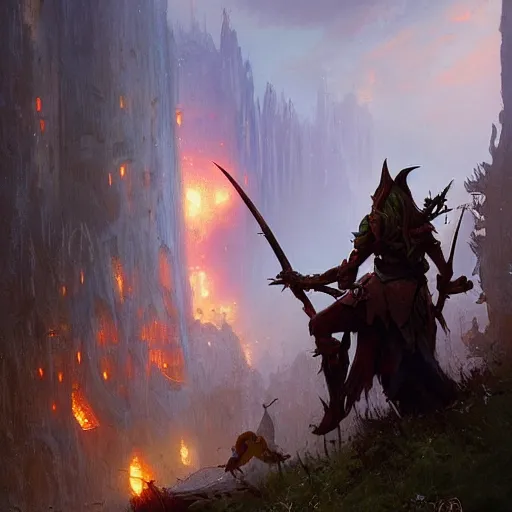 Prompt: goblin attacking an elf from behind, beautiful composition, wide angle, colorful, cinematic, volumetric lighting, intricate details painting, style of greg rutkowski
