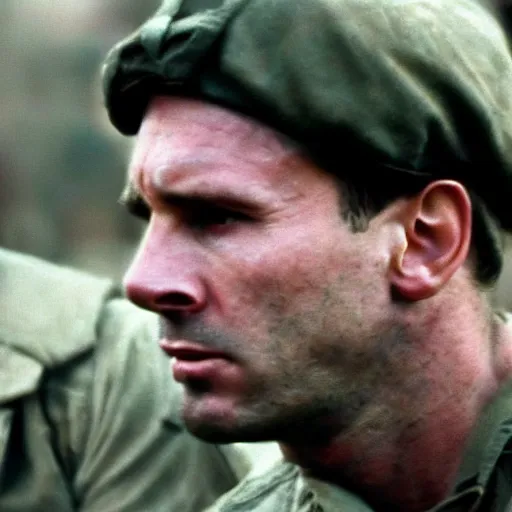 Image similar to Lionel Messi in Saving Private Ryan, cinematic, sharp focus, movie still, atmospheric, 8k,