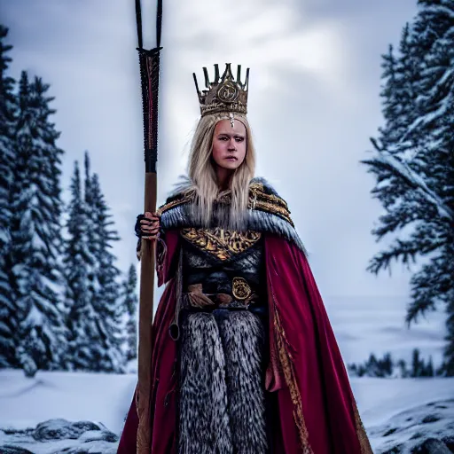 Prompt: photo of a real-life beautiful nordic warrior queen with ornate cloak and crown, 8k, HDR, award-winning, sharp focus, volumetric lighting,