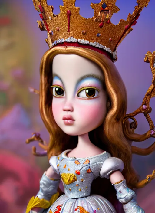 Image similar to highly detailed closeup, profile portrait of a tin toy fairytale princess wearing a crown, unreal engine, nicoletta ceccoli, mark ryden, earl norem, lostfish, global illumination, detailed and intricate environment