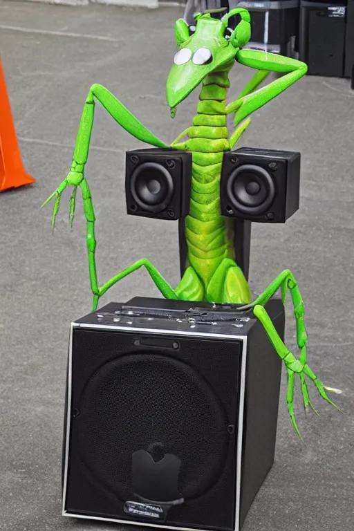 Prompt: a praying mantis kaiju DJ wearing headphones and carrying two big subwoofer speaker boxes