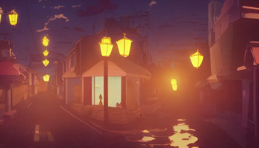 Image similar to A film still from a 1990s Sailor Moon cartoon featuring a moody street in Japan with a waterfall and lanterns, lofi aesthetic, golden hour, cinematic look, film grain, high detail, high resolution, 8k