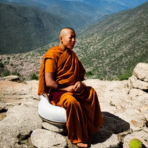 Image similar to monk sitting on a cactus chair on a mountaintop