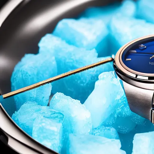 Image similar to a luxury wristwatch made out of blue ice, attached to a molten metal rod, unreal engine