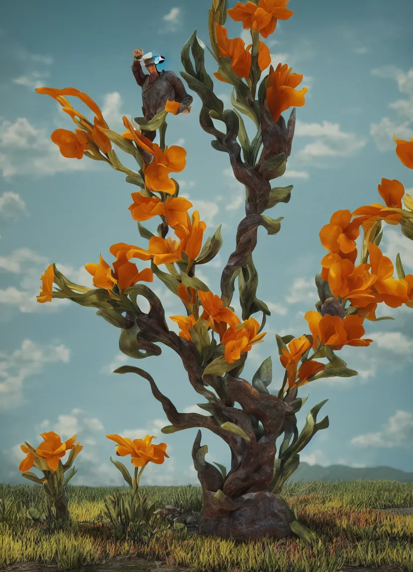 Prompt: a cowboy turning into blooms. tropical sea slugs, tractor tires. complementary colors. national geographic. 8 k, rendered in octane, smooth gradients. sculpture by antonio canova