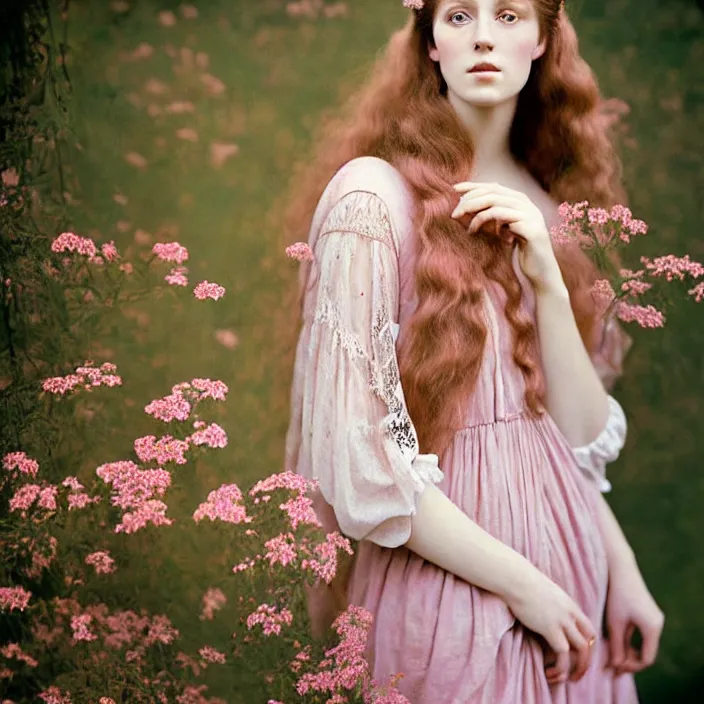 Image similar to Kodak Portra 400, 8K, soft light, volumetric lighting, highly detailed, britt marling style 3/4 ,portrait photo of a beautiful woman how pre-Raphaelites painter, a beautiful pink detailed lace dress and hair are intricate with highly detailed realistic beautiful flowers , Realistic, Refined, Highly Detailed, natural outdoor soft pastel lighting colors scheme, outdoor fine art photography, Hyper realistic, photo realistic