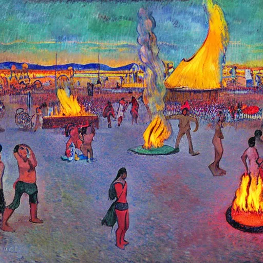 Image similar to burning man camp on the esplanade with fire spinning, art by paul gauguin