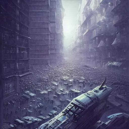 Image similar to It’s crowded on the streets of Russian commie blocks on the Moon city, Norilsk, sci-fi, fantasy, earth seen on the dark sky, intricate, very very beautiful, elegant, highly detailed composition, digital rendering, artstation, concept art, smooth, sharp focus, illustration, art by artgerm and greg rutkowski and alphonse mucha