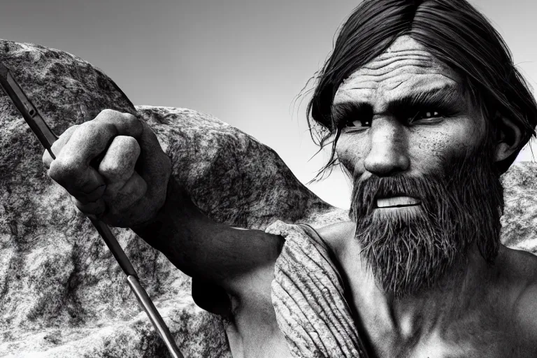 Image similar to still photo of stone age man looking at the camera in a battlefield, black and white color aesthetic, highly detailed, photorealistic portrait, bright studio setting, studio lighting, crisp quality and light reflections, unreal engine 5 quality render