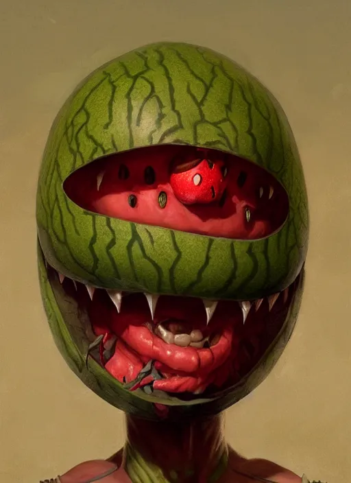 Image similar to hyper realistic photography portrait of smiling goblin with a watermelon helmet cinematic, greg rutkowski, brom, james gurney, mignola, craig mullins, artstation, cgsociety