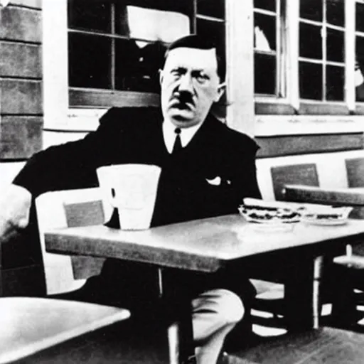 Prompt: Hitler as at a Wafflehouse enjoying breakfast