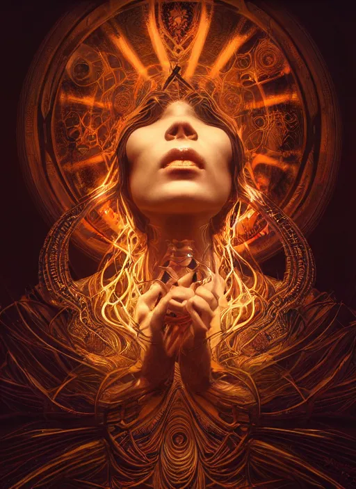 Image similar to Ayahuasca spirit divine cosmic female, chaos energy, glyphs, magic, artstation, high contrast, dramatic lighting, cgsociety, very detailed, intricate, detailed illustration, by artgerm and greg rutkowski and alphonse mucha, octane render, unreal engine, hyperrealism