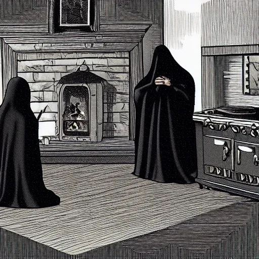 Prompt: cultists in black robes surround a stove, realistic, gothic