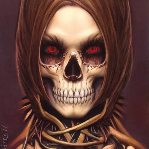 Image similar to portrait of a female skull warrior, by Gerald Brom