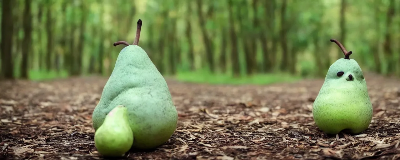 Prompt: a cute green pear animal walking in front of a forest, and looking at the camera; nature photography