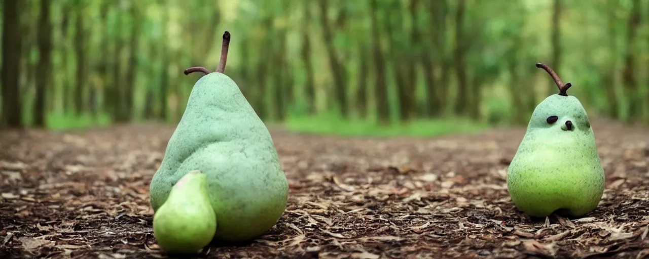 Image similar to a cute green pear animal walking in front of a forest, and looking at the camera; nature photography