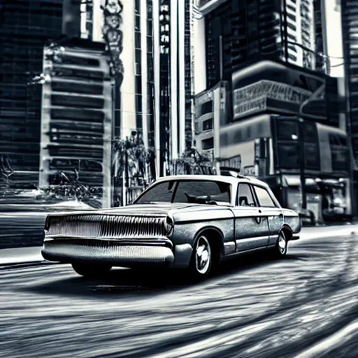 Image similar to cheap, silver paint sedan car, broken front, front view, heavy grain, hyperrealistic render, daylight, ray tracing, street photo