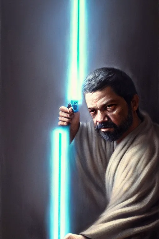 Prompt: breathtaking detailed concept art painting of a jedi luis inacio lula da silva holding a lightsaber, by hsiao - ron cheng, exquisite detail, extremely moody lighting, 8 k