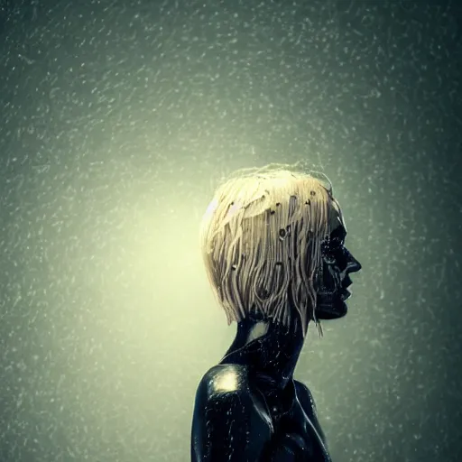 Image similar to a beautiful blond girl with human face and cybernetic body, standing on top of a pile of sculls, pretty face, perfect face, fine details, heavy rain, 8 k, shallow depth of field, moody lighting, cinematic lighting,