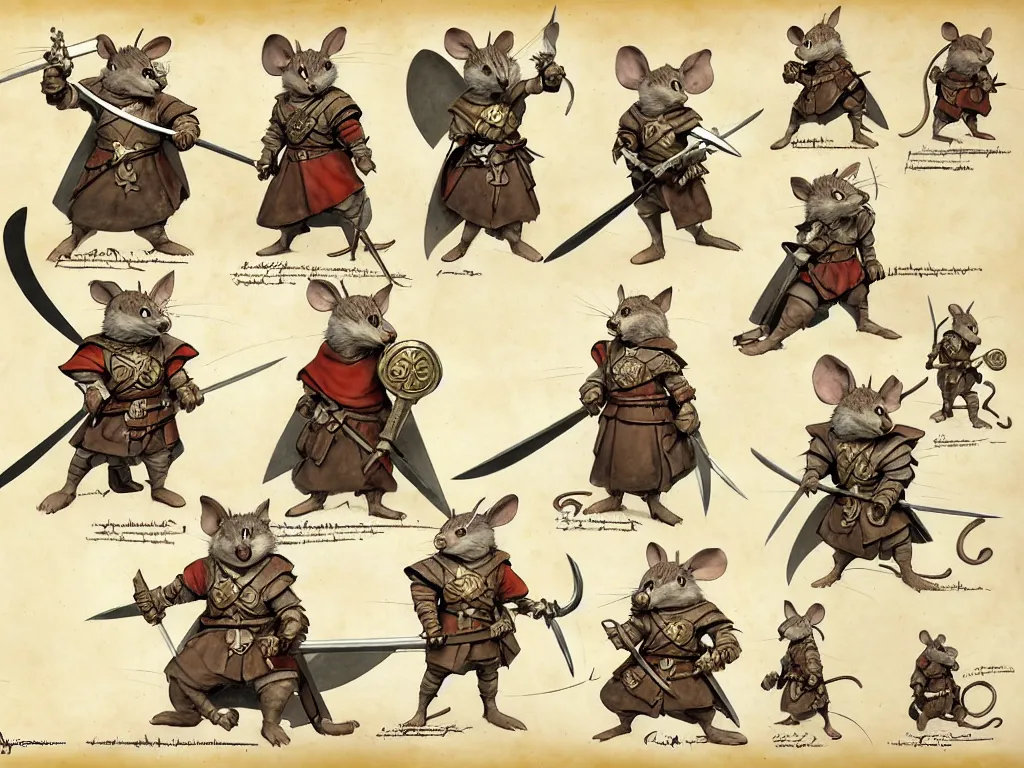 Image similar to character design sheet for a heroic mouse knight with sword and shield on a parchment background, redwall, greg rutowski and jean baptiste monge, very very detailed, epic fantasy concept art